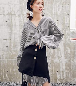 Womens Irregular Casual Korean Street Mid-long Blouse Shirt A-line Skirt Set Spring Autumn 2pcs Set E36
